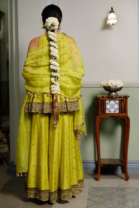 Jahanana Mehendi Green Embroidered Short Anarkali And Sharara With Dupatta